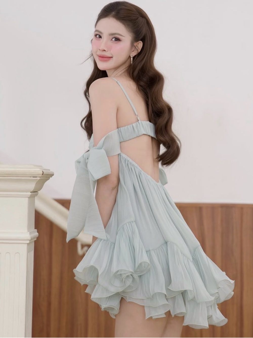 Mint/Pastel Green/Sage Ruffle Tiered Mini Dress with Bow Straps